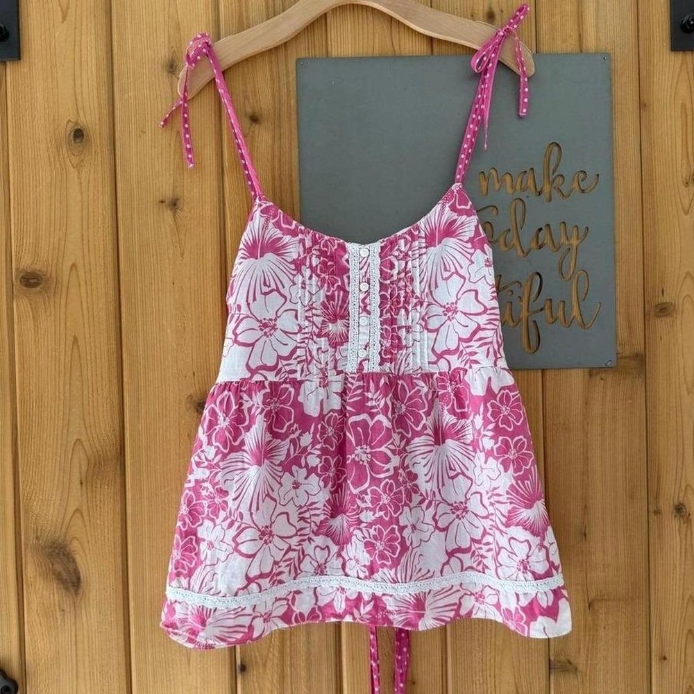 Vintage Seventeen Floral Camisole Pink Excellent Y2K Tropical Cotton Top Large